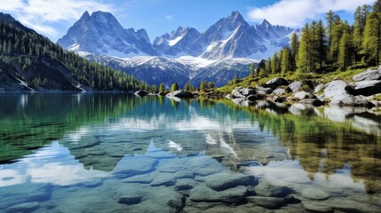 Naklejka premium Peaceful alpine lake with reflections of snowy peaks, clear blue water and crisp air,