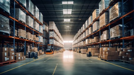Fototapeta premium Interior of a vast logistics center, shelves stocked neatly, no personnel, indirect sunlight,