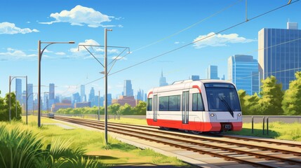 Fototapeta premium Vacant urban light rail track, modern cityscape in the background, clear day,