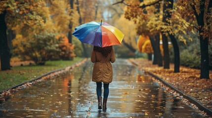 Delighted woman with a bright umbrella walking through a park, enjoying the crisp, rainy autumn weather