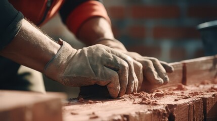 Close-up of construction worker's hands installing red bricks with mortar, detailed texture,