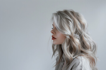 Naklejka premium Chic Sophistication: Captivating Profile of a Woman with Light Ash Blonde Hair - Fashion, Style, Trendy, clean composition, ample negative space
