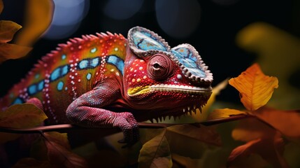 Fototapeta premium Dramatic shot of a chameleon changing colors as it navigates through variegated leaves, demonstrating its adaptive camouflage in a natural setting,