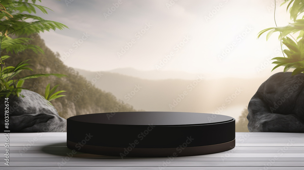 Poster a black round table with a view of mountains and a forest