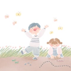 虫と遊ぶ子供たちの手描きイラスト