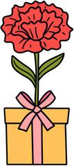 Red Carnation On A Yellow Gift Box With Pink Ribbon Transparent Background PNG