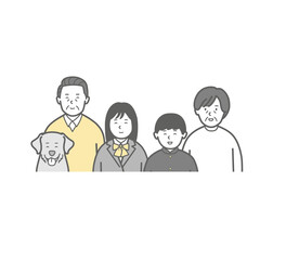 笑顔の両親と学生と犬のいる5人家族の上半身イラスト