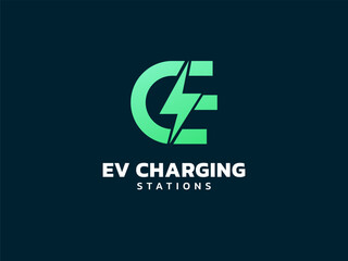 Electric vehicle charging letter E with Lightning Bolt Symbol overlapping in shapes logo vector design concept. Letter E logotype symbol for Electric Car, EV station, ui, web, ev business, infographic