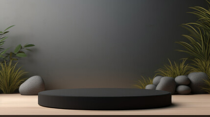 A black round table with a green plant in front of it