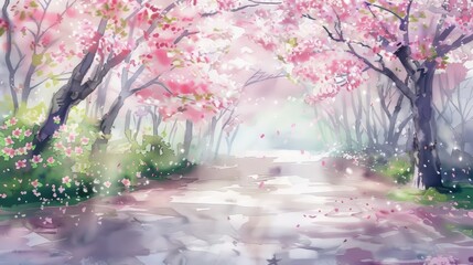 Artistic watercolor depicting a pathway lined with blooming cherry blossoms, the soft pinks and whites creating a tranquil and uplifting scene