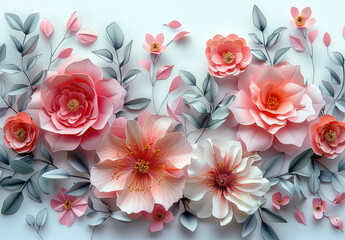 Papercraft flowers in shades of peach and cream, layered paper style, white background. Created with Ai