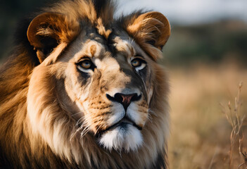 Fototapeta premium Close-up of a majestic lion with a full mane, looking intently to the side in a natural setting. World Lion Day.