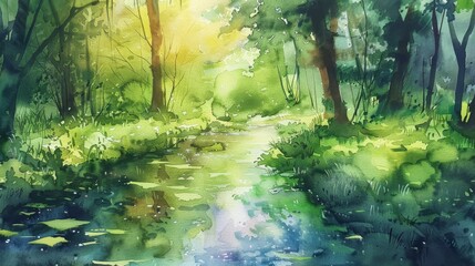 Artistic watercolor of a gentle stream running through a vibrant green forest, symbolizing renewal and the soothing sounds of nature