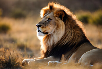 A majestic lion sits in a golden savannah during sunset, its mane highlighted by the warm light. World Lion Day.