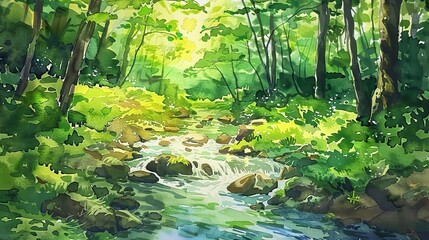 Artistic watercolor of a gentle stream running through a vibrant green forest, symbolizing renewal and the soothing sounds of nature