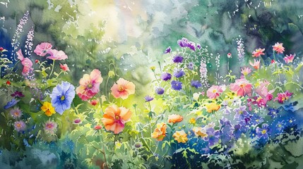 Artistic watercolor of a sunlit garden with various flowers in full bloom, the interplay of light and color fostering a positive atmosphere