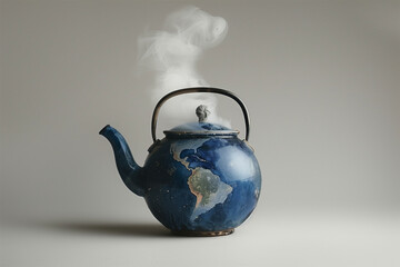Global Warming Concept Earth Painted on Vintage Teapot Emitting Steam