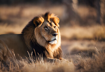 A majestic lion with a full mane sits in golden grass, looking intently to the side in a natural savannah setting. World Lion Day.