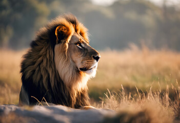 Majestic lion sitting in a field during golden hour, with a soft focus on the background. World...