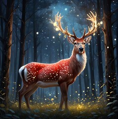 Brown wild deer with antlers grazes in a snowy forest Generative AI