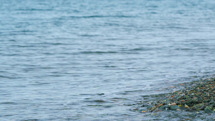 Sea Background Of Colorful Sea Pebbles. Sea Wave On The Coastal Shingle. Still.