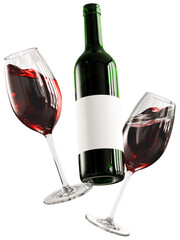 3D Red Wine Glasses and Bottle Floating, Celebration Concept