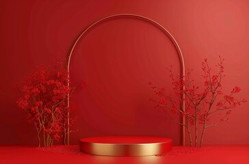 ed background, minimalist style, display stand with red wall behind it, simple and clean lines, red podium design