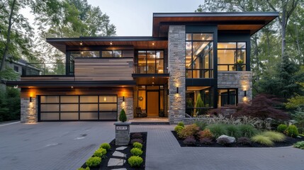 Modern Family House with Stone and Wood Facade, Garage and Landscaped Garden.