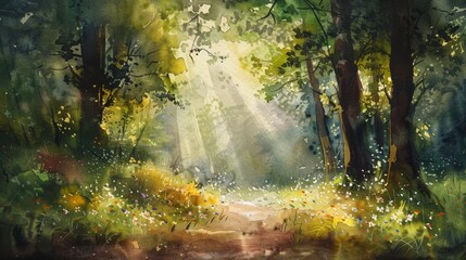 Artistic watercolor showing a small clearing in the forest, sunlight bathing the forest floor in warmth, ideal for soothing patient's minds