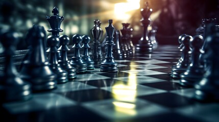 Close-up chessboard in a room filled with sunlight