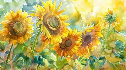 Bright watercolor scene of sunflowers turning towards the sun, their vivid yellow creating a warm, hopeful atmosphere in the clinic