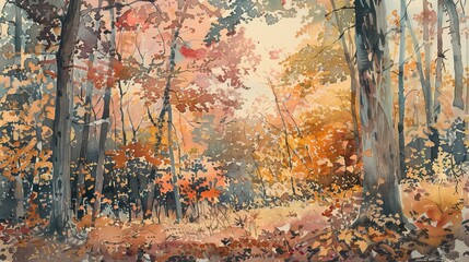 Detailed watercolor of a forest in autumn, the changing colors of the leaves providing a dynamic and refreshing backdrop