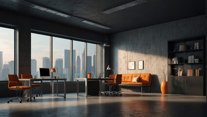 office space that has concrete floors and walls with dark wood accents. There are several desks in the space with orange chairs and matching orange lamps hanging from the ceiling. The desks are arrang