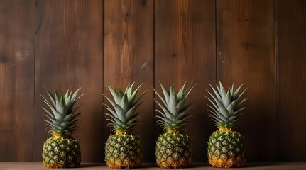 Four ripe pineapples in a row with on wooden.generative.ai