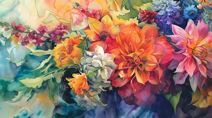 Dynamic watercolor of a mixed floral arrangement, featuring peonies, lilacs, and hydrangeas, the variety symbolizing diversity and beauty