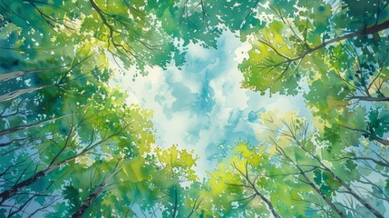 Dynamic watercolor view from under the forest canopy, looking up towards the sky, leaves framing the soft blue above