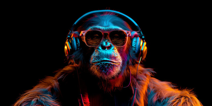 Cool neon party dj monkey in headphones and sunglasses