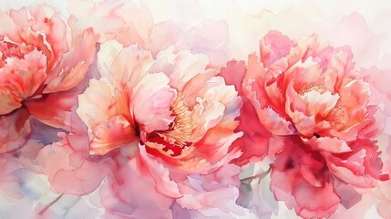 Expressive watercolor of blooming peonies, the layers of petals in shades of pink and red adding depth and a sense of renewal