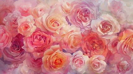 Gentle watercolor of a bouquet of garden roses, the soft petals depicted in a spectrum of pinks and reds, providing a comforting presence