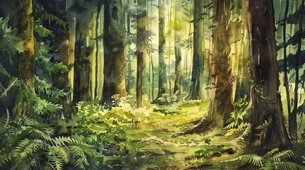 Gentle watercolor of an old forest with towering trees and fern-covered floor, a hidden retreat that speaks to the soul's need for peace