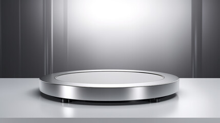 A silver round object sits on a white table