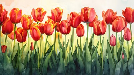 Lush watercolor of an array of tulips in full bloom, the bright reds and yellows uplifting the spirits of anyone in the room