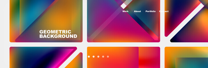 A vibrant display of colorfulness with geometric shapes in purple, violet, amber, magenta, and electric blue. Rectangles create a stunning pattern of tints and shades on a clean white background