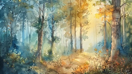 Peaceful watercolor painting of a forest at dawn, the early light casting a soft glow on the trees and underbrush, enhancing a sense of renewal