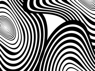 Abstract hypnotic wave pattern with black-and-white striped lines. Psychedelic background. Op art, optical illusion. Modern design, graphic texture.