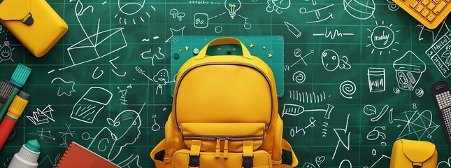 Back to school, online school banner, poster Yellow backpack with school supplies on the background of a checkered paper with different doodle scientific icons, vector illustration