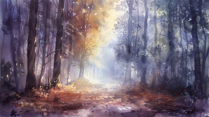 Soft watercolor painting of a peaceful clearing in the woods, early morning fog enhancing the mystic feel and rich hues of the forest