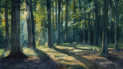Obraz premium Tranquil watercolor of a deep forest scene, sunlight peeking through the tall trees, casting soft shadows on the forest floor
