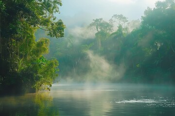 Fototapeta premium Lose yourself in the tranquil beauty of a misty rainforest morning, where the air is thick with humidity and the sound of wildlife fills, Generative AI