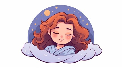 Cute sleepy girl holding pillow cartoon vector icon illustration. people nature icon isolated flat - obrazy, fototapety, plakaty